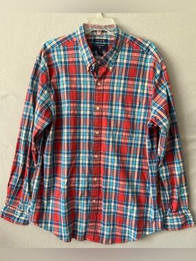 Saddlebred Mens XL Stretch Oxford Shirt Red Blue Plaid Button Down Preppy Ivy